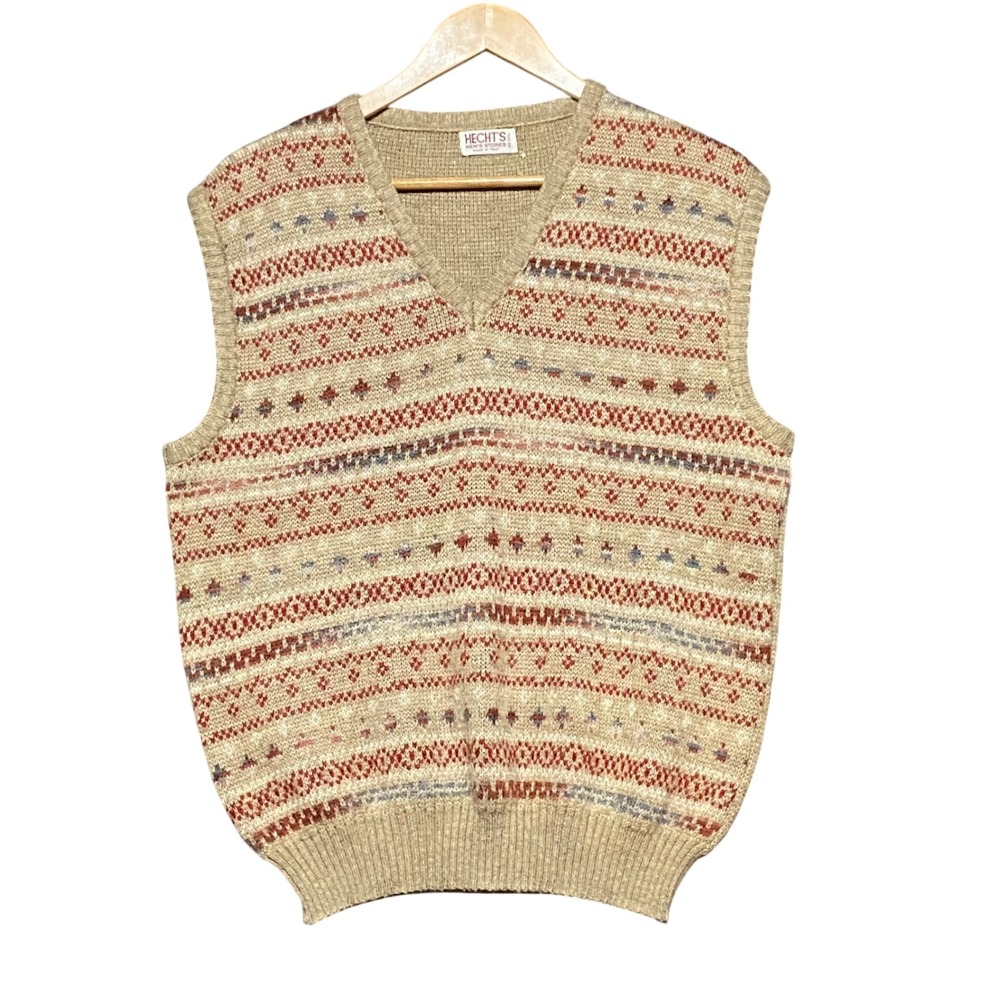 Hecht's Vintage Made in Italy Fair Isle Sweater Vest Tan Rust Mens Large (41x26)